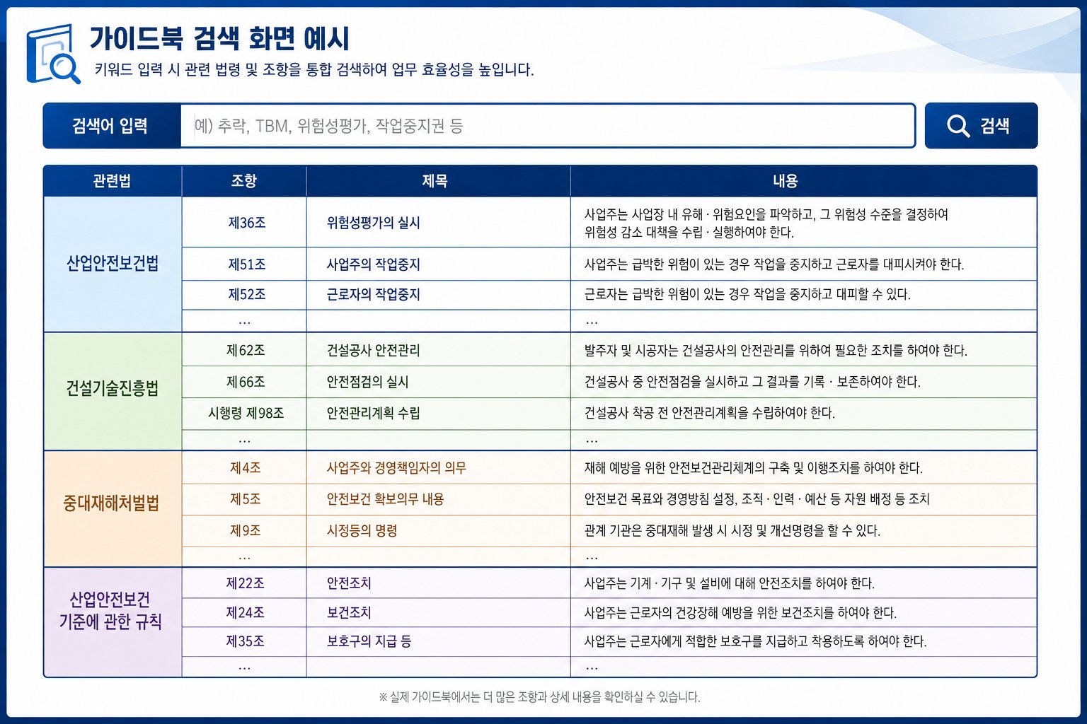 고객사 제공 가이드북 검색화면 예시